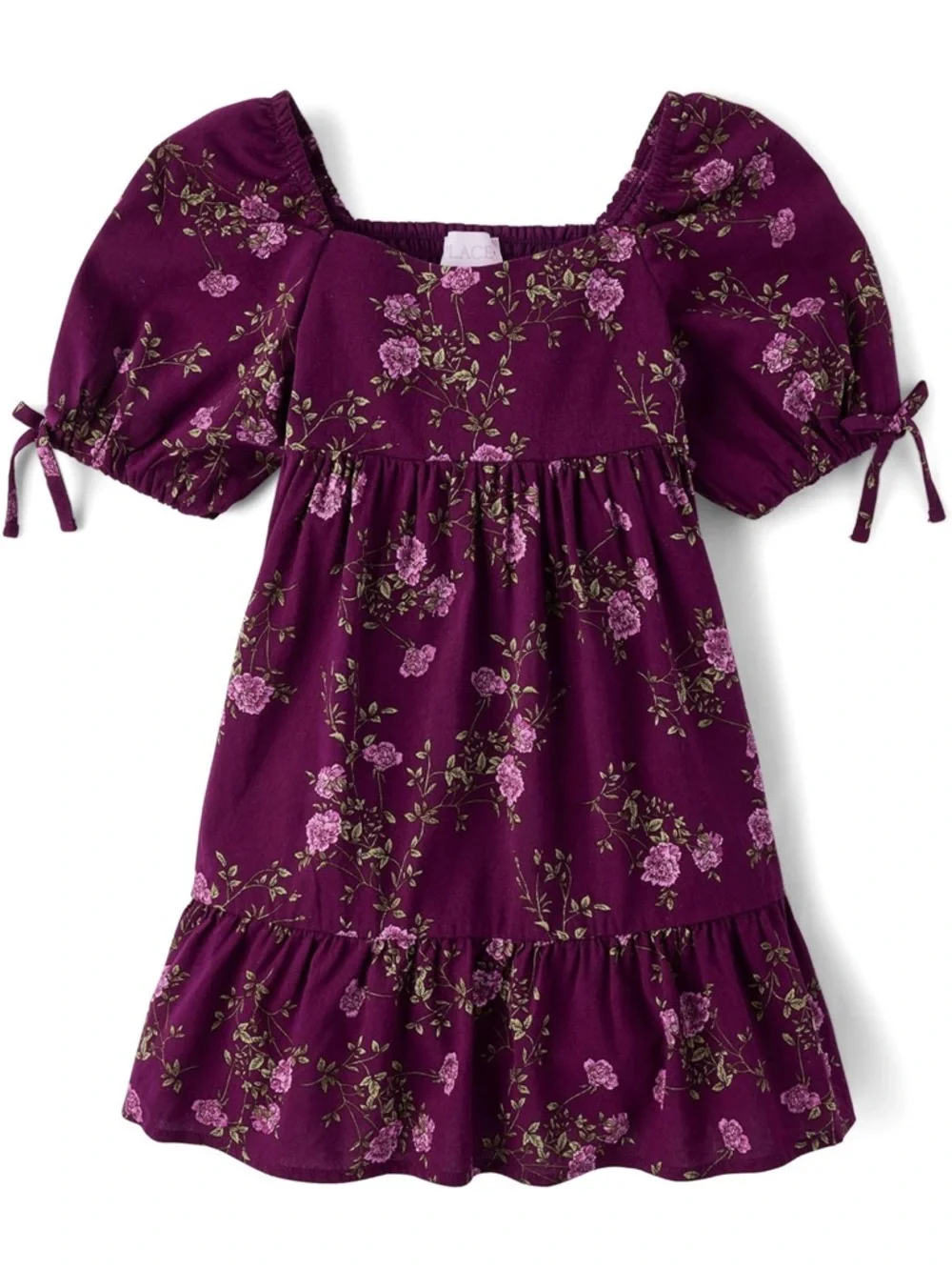 Girls Floral Puff-Sleeve Dress in Plum - Picture 4 of 4